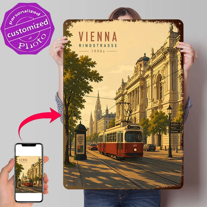 Vienna Ringstrasse Tram in the 1990s 3D Printed Texture Poster Personalized Wall Art Retro Metal Tin Signs for Decoration Home