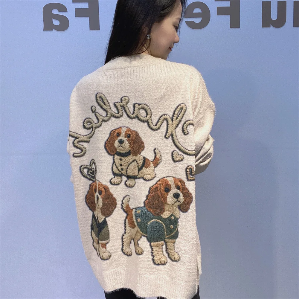 Casual Oversized Sweater Women Vintage Clothes Cartoon Beading Sequins Embroidery Long Sleeve Pullover Knitwear Loose Sweatshirt