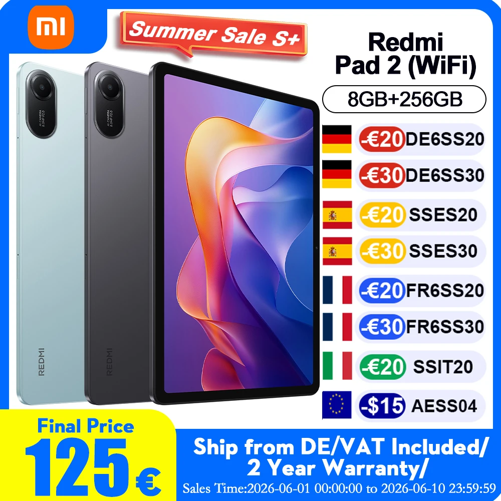 Version Globale Xiaomi Redmi Pad 2 Wi-Fi, Écran 11 pouces 2.5K ultra-clair, Processeur MediaTek Helio G100 Ultra, Batterie de 9 000 mAh
