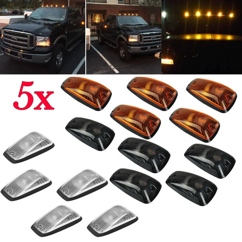 5pcs Amber LED Cab Roof Top Marker Lamps Running Lights For Truck SUV For Chevy GMC 1988-2002 (Black Smoked Transparency Lens)