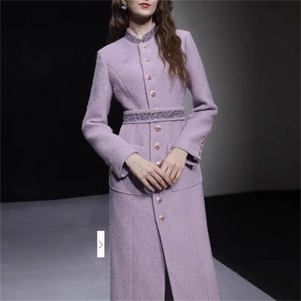 

autumn and winter new elegant women's bright silk belt purple tweed coat grows above the knee wool coat