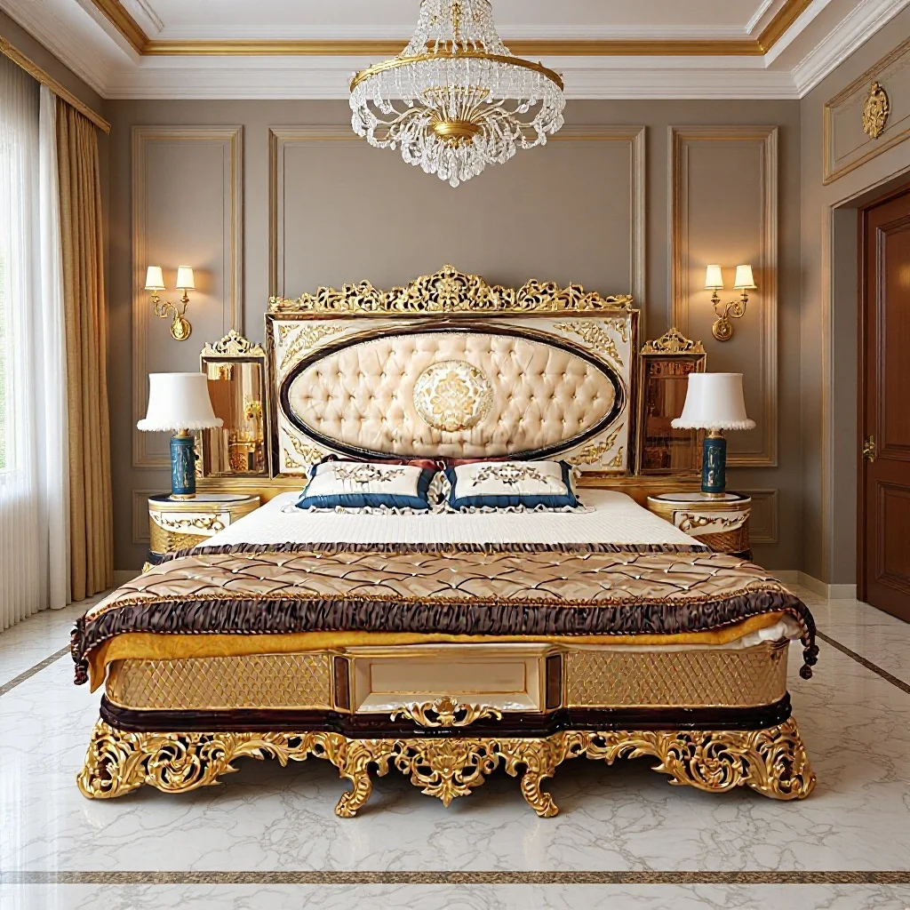 French court style fabric double bed, luxury retro gold foil solid wood wedding bed European master bedroom 1.8 meters princess