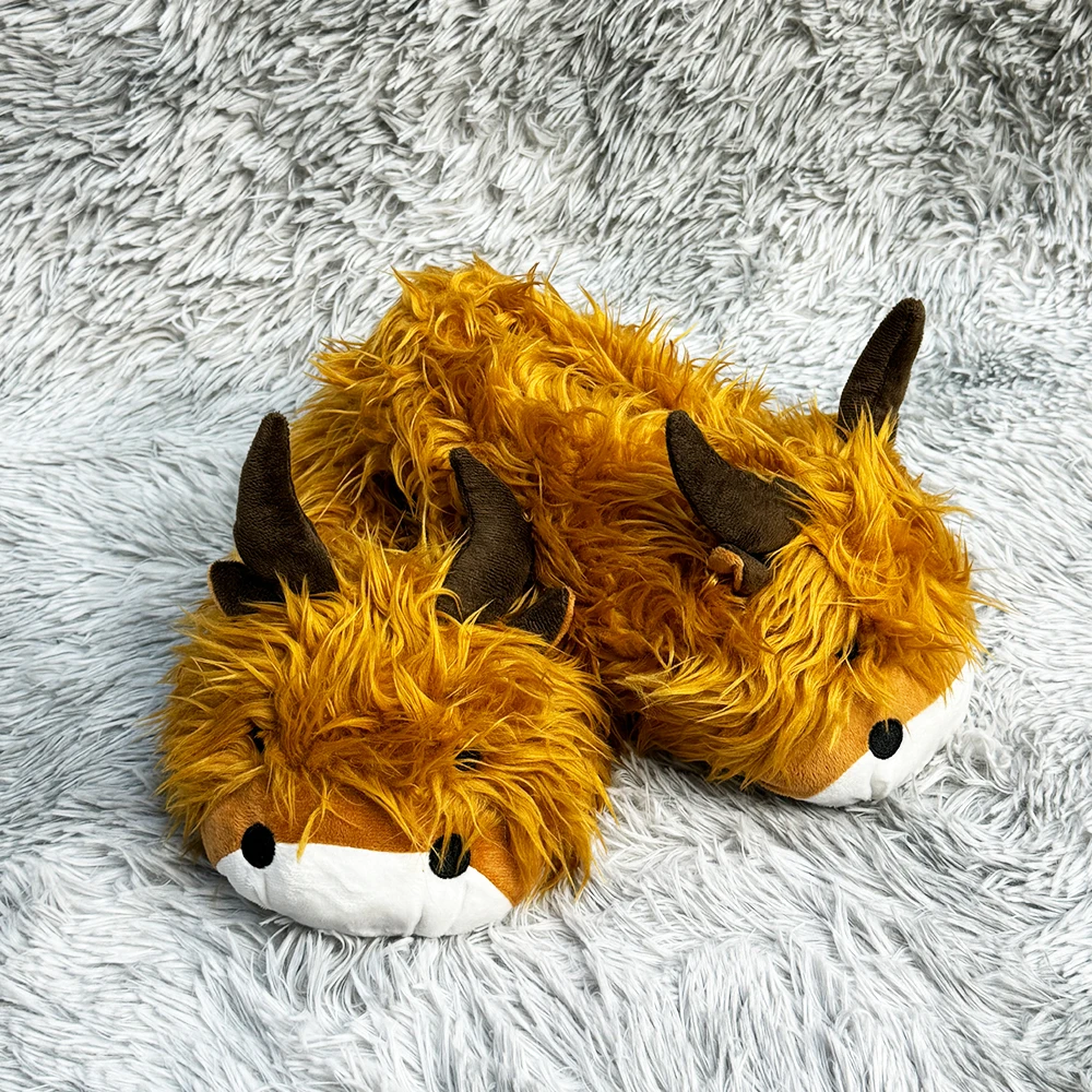 Highland Cow Plush Slippers Women Men Soft Stuffed Animal Fluffy Slipper Adults House Warm Couples Shoes Valentine's Day Gifts