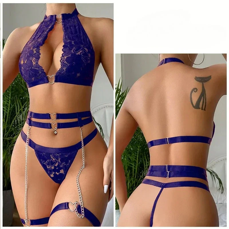 Conjunto de lencería para mujer, sujetador de cadena de acero con encaje de malla transparente, lencería sexy