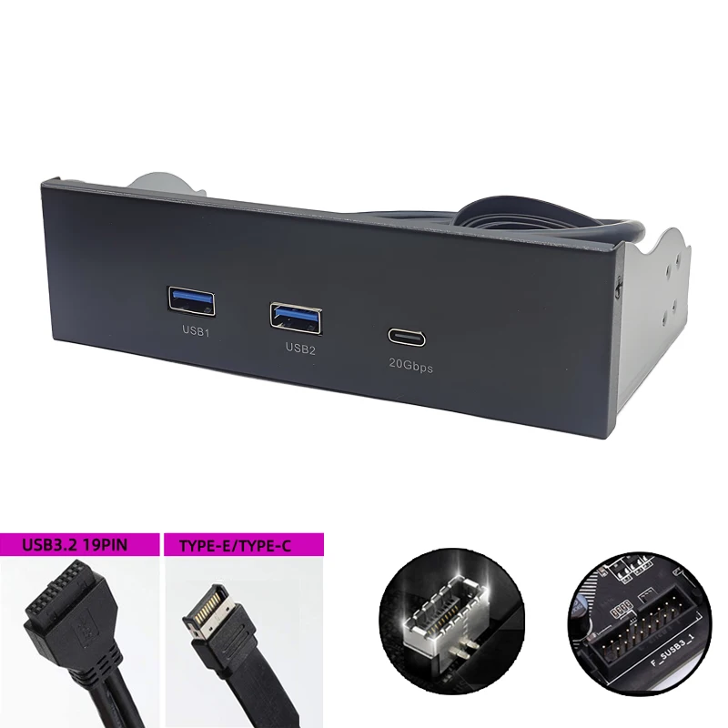 2Port USB 3.2 GEN1 5Gb + 1Port TYPE-C 10/20Gb Hub Adapter USB3.0 19Pin Type-E for PC Desktop 5.25