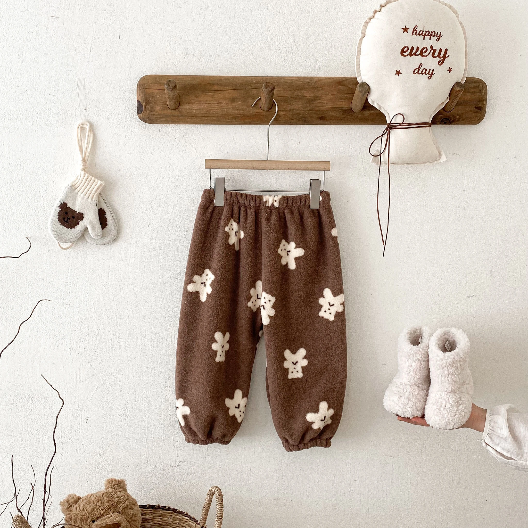 Children Full Print Cartoon Bear Fleece Loungewear Pants Small Kid Sleep Trousers Soft Warm Bottoms Baby Popular Cute Print Pant