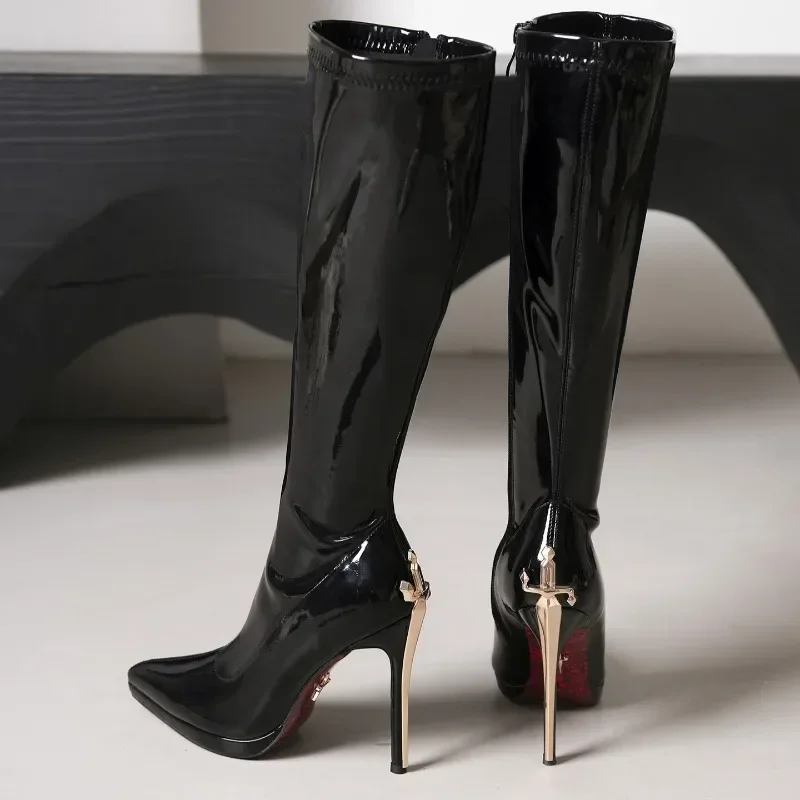 Women Pointed Toe Stretch Sock Knee High Boots Metal Decor Stiletto Heel Slim Fit Sexy Tall Ladies High Heel Botas Mujer 2026
