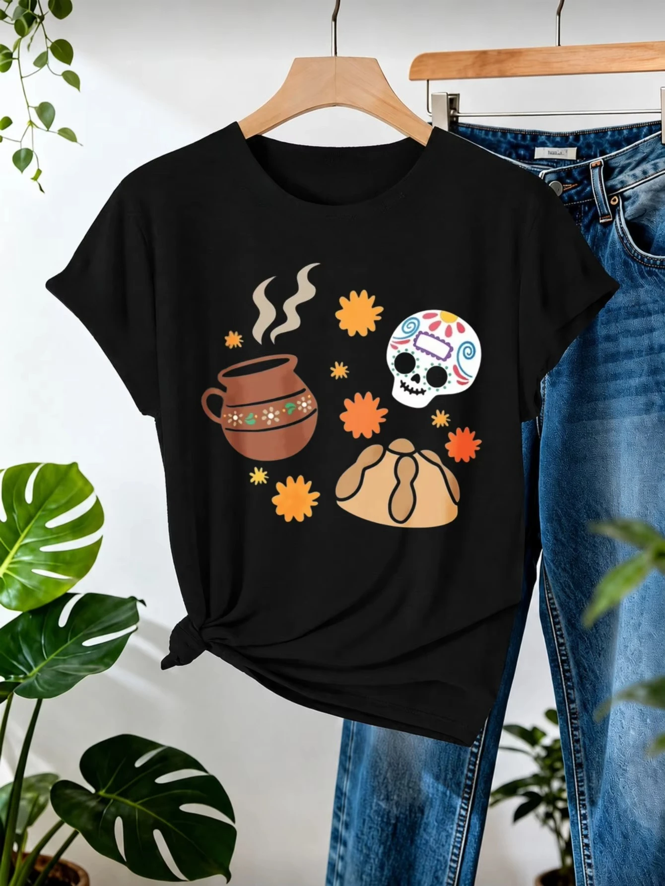 Mexican Day of The Dead Funny Printed T-Shirt for Woman Modern Colorful Skull Design Women's Crew Ncek Short Sleeve Y2k Clothes