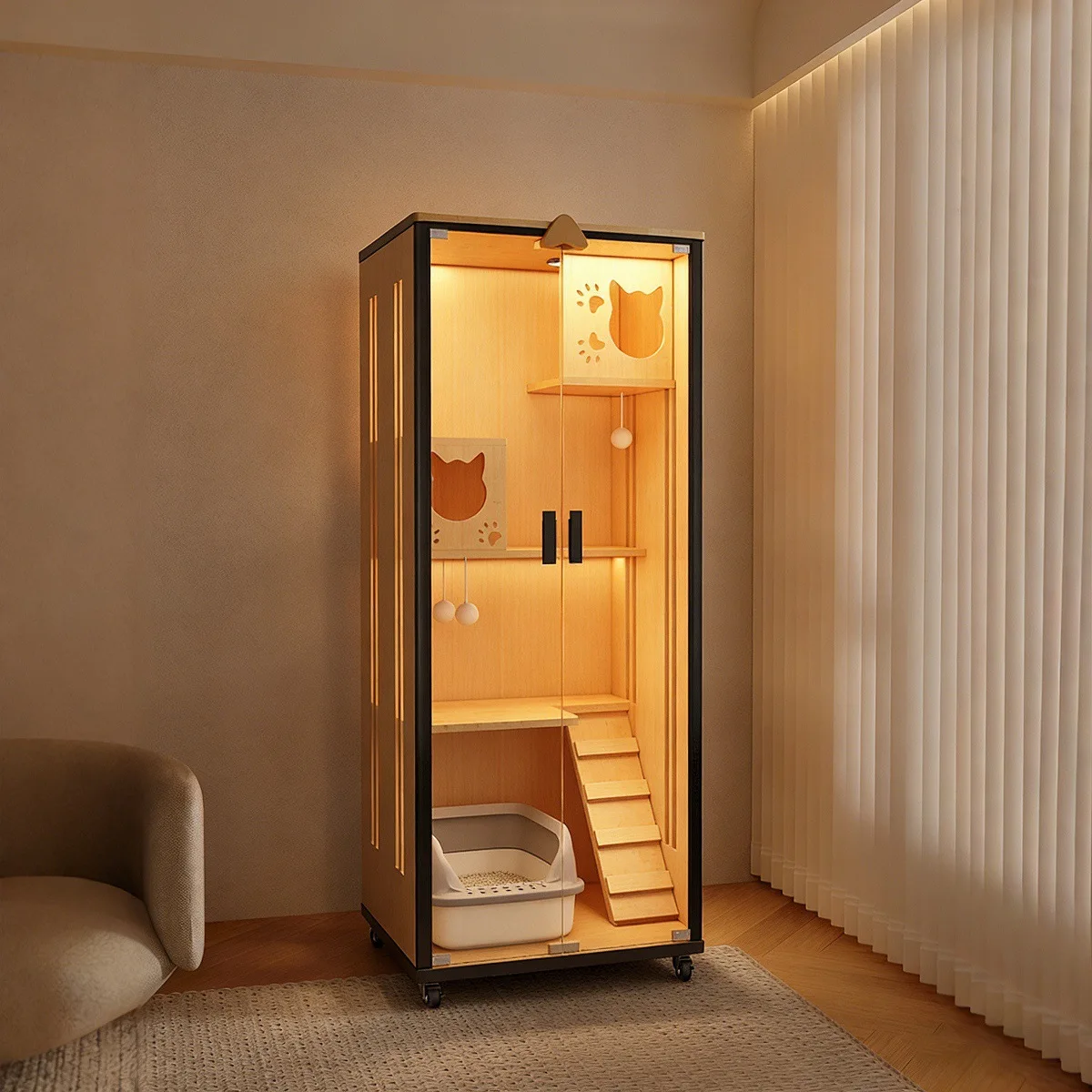 

Кошачья вилла-клетка класса люкс: деревянный домик для кошек со стеклянной дверью, встроенным туалетом и дышащим шкафом