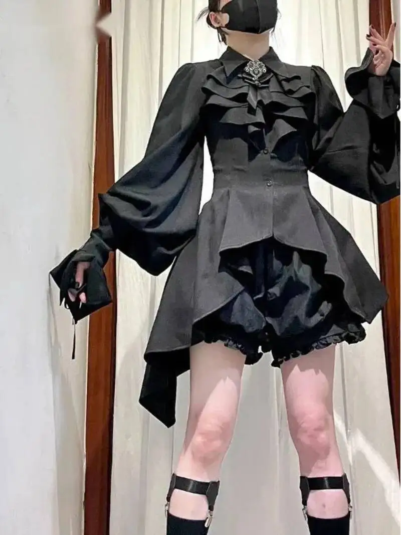 

Lolita Style Japanese Blouses For Women 2025 Blusas Mujer Slim Flare Sleeve White Shirts Goth Irregular Blouse Tops BS87