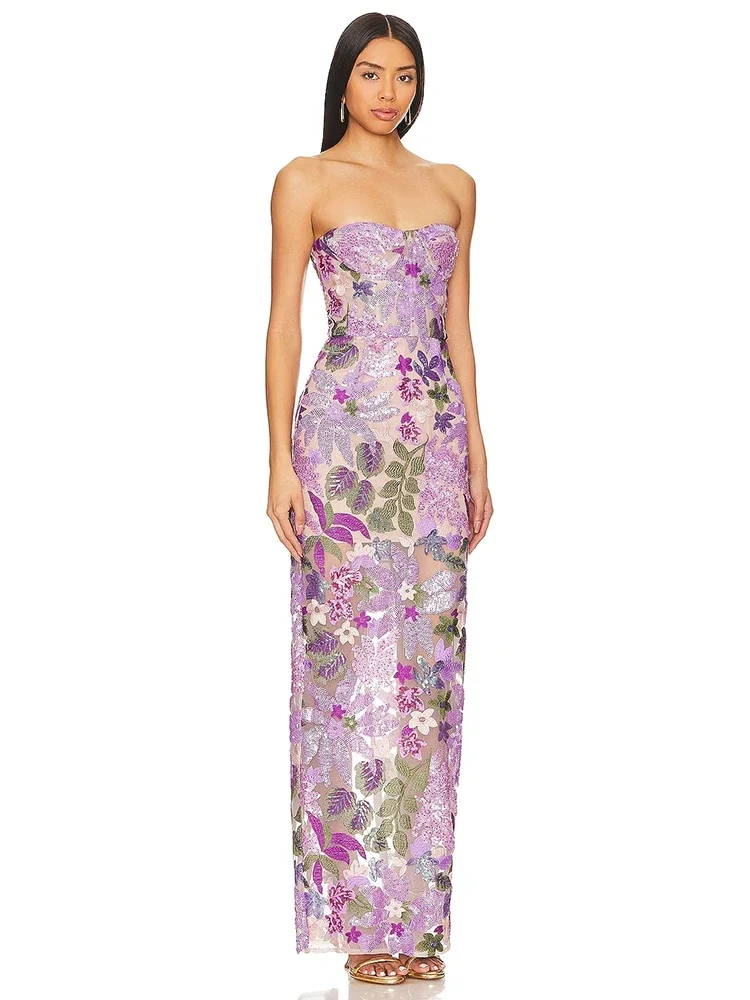 

New Sexy Luxury Floral Decorative Sequin Long Dress Women Lavender Strapless Flower Sequined Slim Dresses Evening Party Gowns