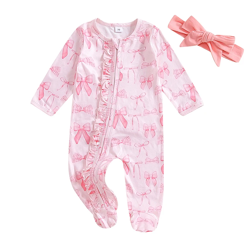 

Baby Girls Autumn Footed Jumpsuit Long Sleeve Crew Neck Bow Print Oblique Zipper Romper with Headband