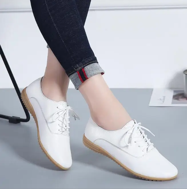 2024 New Spring Women Oxford Shoes Ballerina Flats Shoes Women Genuine Leather Shoes Moccasins Lace Up Loafers White Shoes 36-41