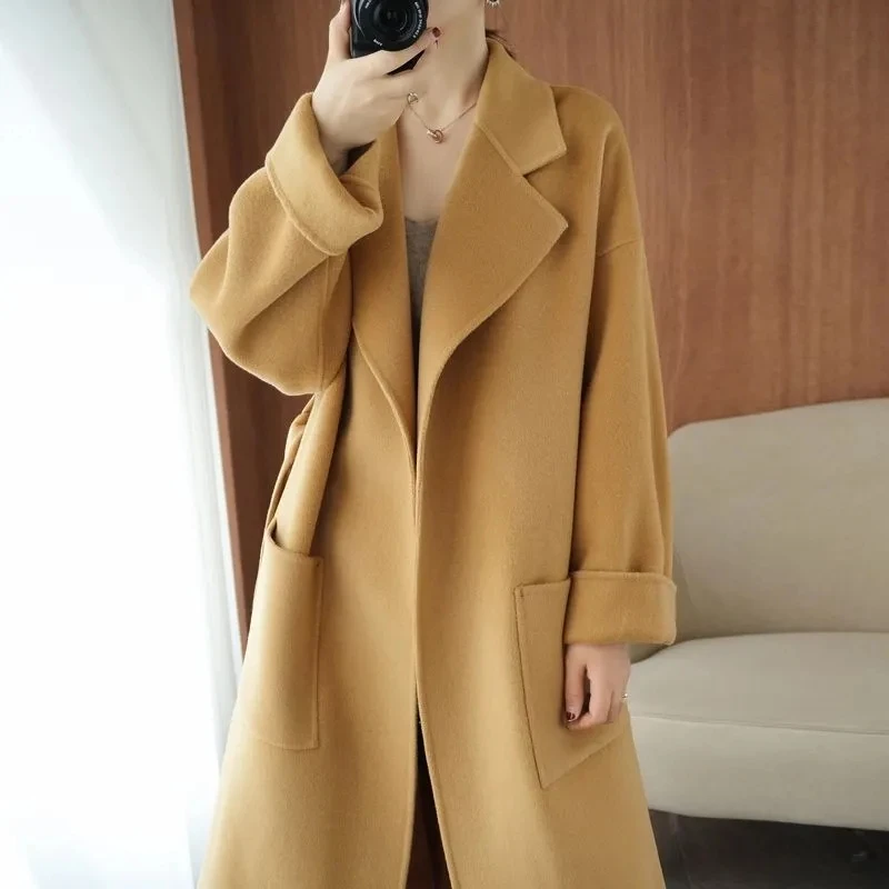 

Fall/Winter 2023New Double-faced Cashmere Coat Women's Long Cardigan Jacket Loose Luxury 100% Wool Overcoats Lady Solid Belt Top