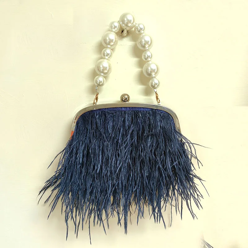 

Fluffy Evening Ostrich Feather Bags for Women Luxury Brand Purse Handle Handbag Pearl Clutch