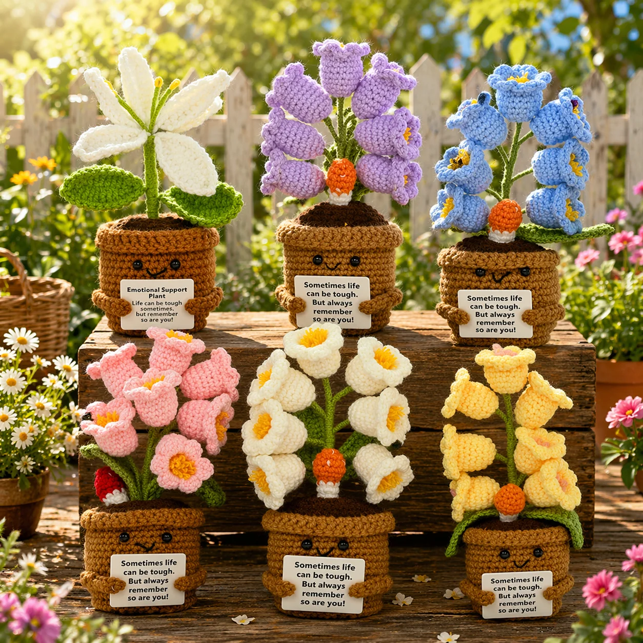 Plant Series Positive Energy Crochet Flower Pot Handmade Knitted Potted Plant Hug with Encouragement Card Mini Desk Decor Gift