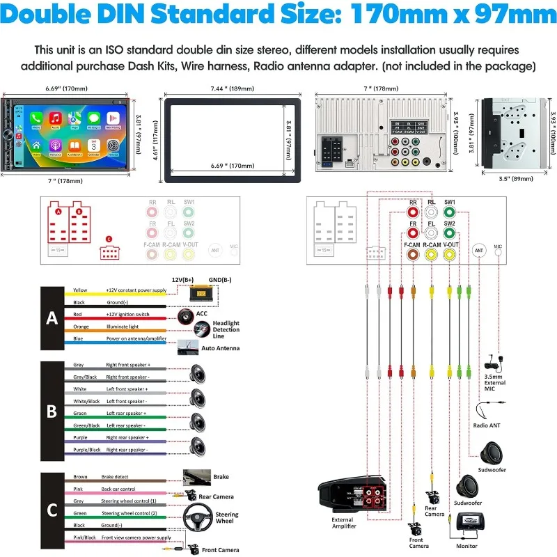 Mise à niveau du autoradio double Din sans fil avec Carplay, Android Auto, Bluetooth, RCA 4 canaux, haute puissance, 2 ports de caisson de basses, 7" H