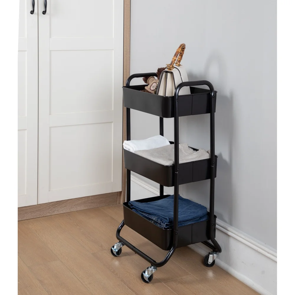 3 Tier Metal Utility Cart Rolling Storage Solution Durable Frame Locking Wheels Versatile Use Kitchen Office Bathroom Tool