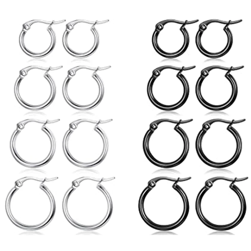 8 Pairs Stainless Steel Ring Small Hoop Earrings Set for Women Fashion Cute Huggie Cartilage Earrings 10mm-20mm