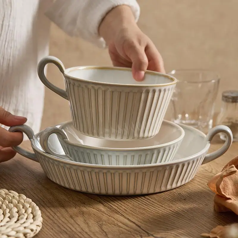nordic-style-single-double-ear-ceramic-baking-tray-vertical-stripe-design-home-use-soup-bowl-pastry-salad-plate-european-styl