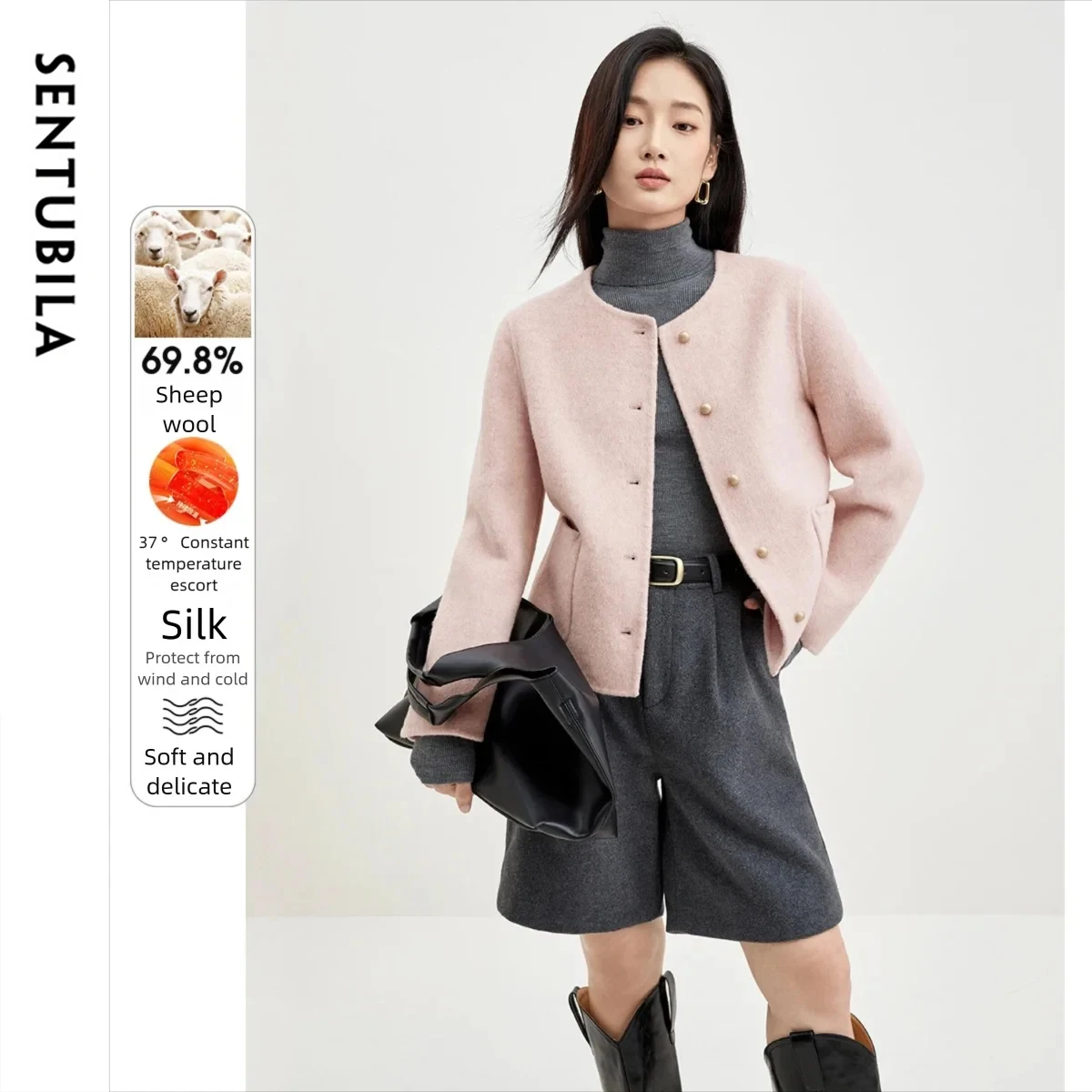 

SENTUBILA Women's Short Double Faced Wool Coat 2025 Winter New Elegant Thick Warm Tweed Coat Commuting Casual Style W34O49412