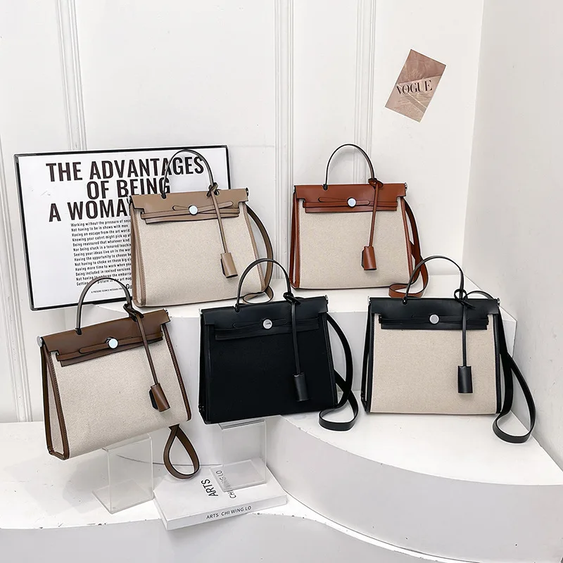 

Canvas Bag Women's Bag 2025 New Simple and Fashionable Contrasting Color Lock Portable Shoulder Messenger Bag Tote Bag