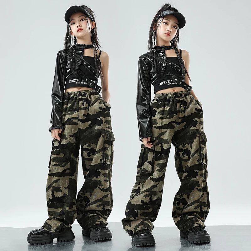 Children'S Performance Kpop Outfit Single Leather Sleeve Camouflage Pants For Girls Jazz Dance Costumes Stage Wear SL10707