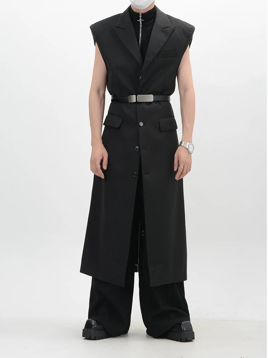 

Dark Deconstructed Shoulder Padded Vest Suit Summer Trench Coat Avant-Garde Style Clothes Above The Knee Sleeveless Coat