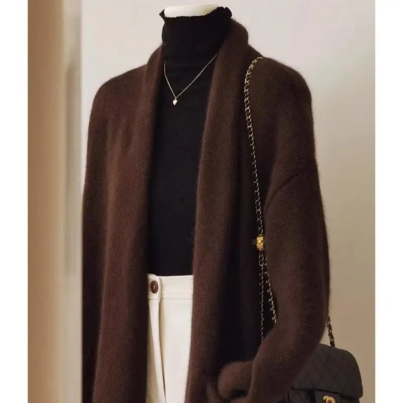 

Усовершенствованный коричневый вязаный кардиган средней длины для женщин осенью и зимой, нежный и свободный свитер в ленивом стиле