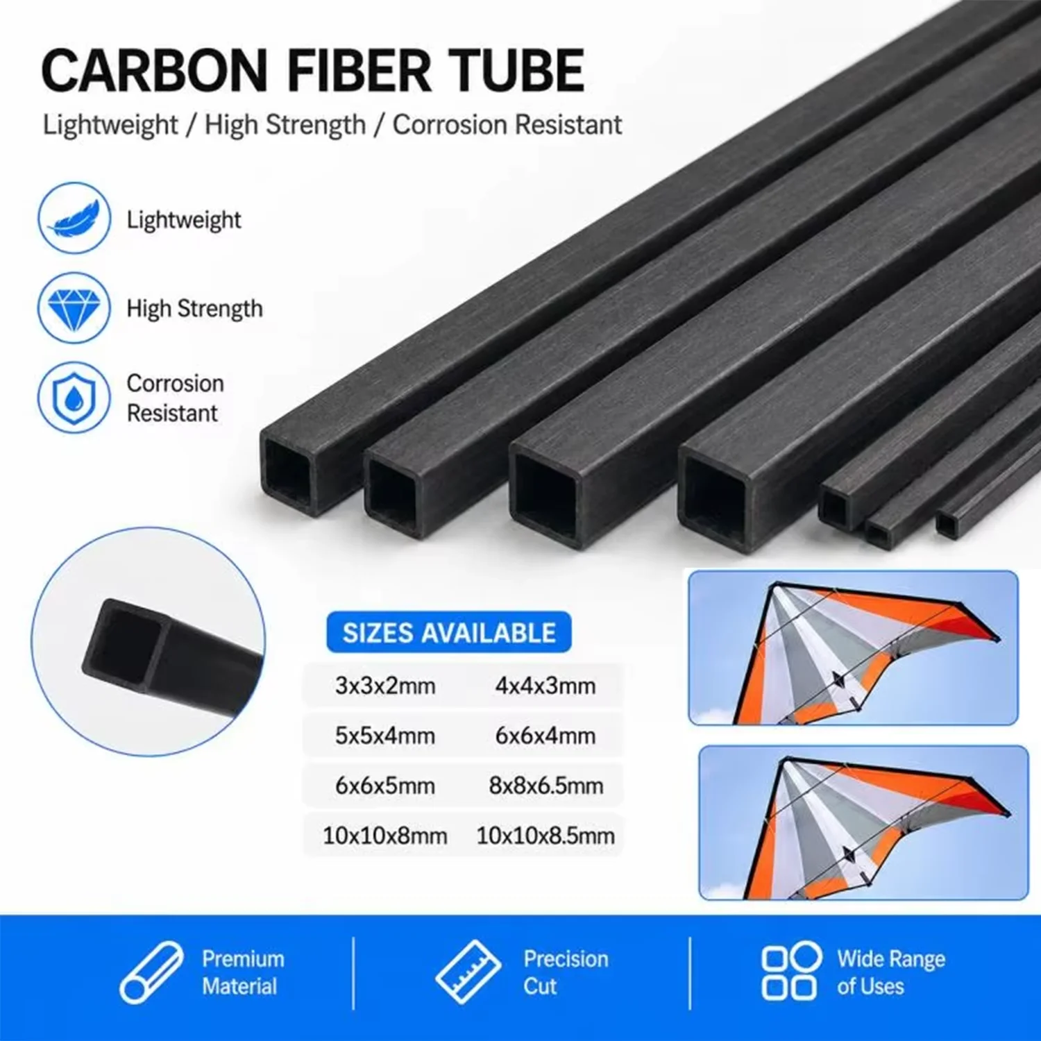 1/2/3Pcs Carbon Fiber Square Tubing 3/4/5/6/8/10mm X 500mm,  Square Interior, for Drone & Model Making