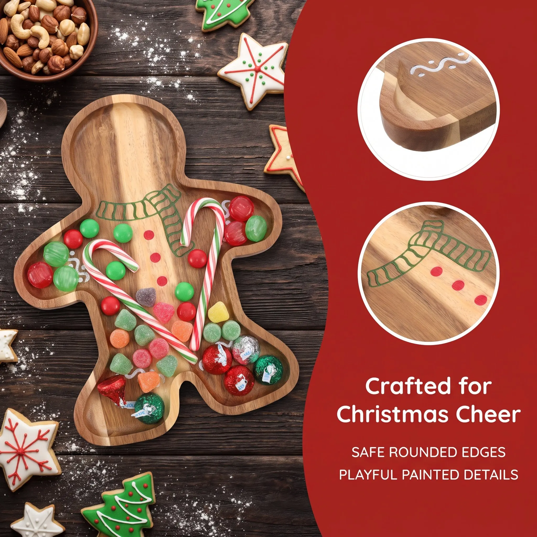 Christmas-themed Cheese Platter Holiday Serving Dishes Wooden Charcuterie Tray Gingerbread Man Cookie Snack