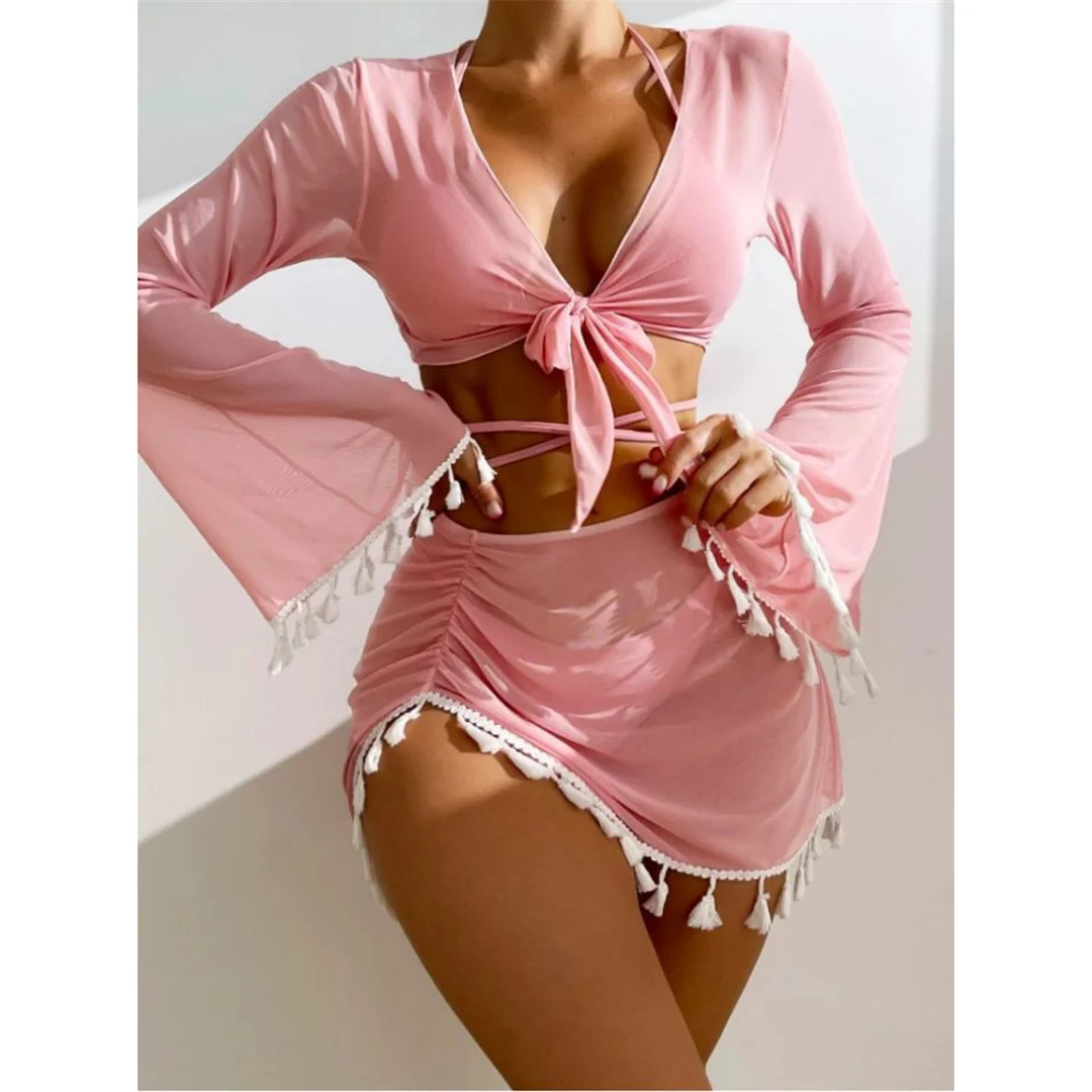 S - XL, mit Fransenrock, langärmeliges Bikini-Set für Damen, Badebekleidung, vierteiliges Bikini-Set, Badeanzug, Badebekleidung, Modell V7060. – Detail 20