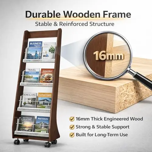 

Four-Tier Heavy-Duty Engineered Wood Magazine Stand With Casters For Office, Lobby, Exhibition And Home Organization