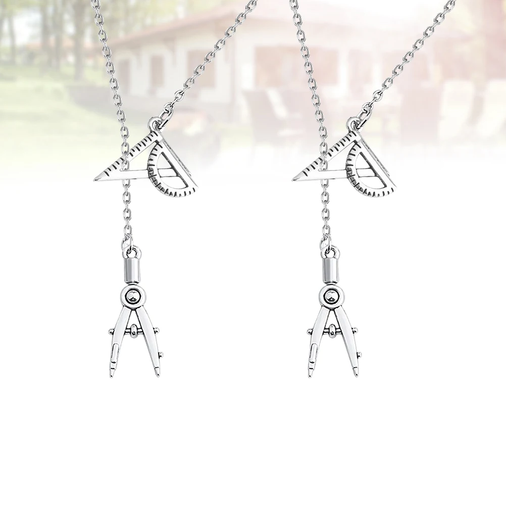 

2pcs Creative Compasses Ruler Shape Necklace Alloy Pendant Engineer Student Jewelry Gift Ornament For Birthday Wedding Party