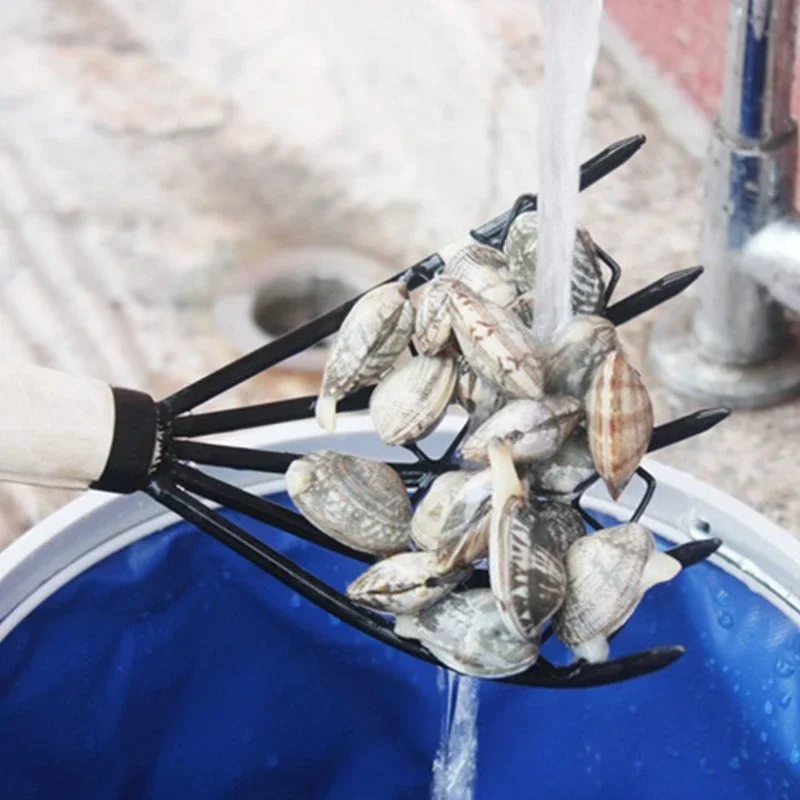 Sturdy Compact Claw Rake with Mesh Net 5-Tine Clamming Claws Long Handled Shell Clam Digger 15 Inch Hand Rake