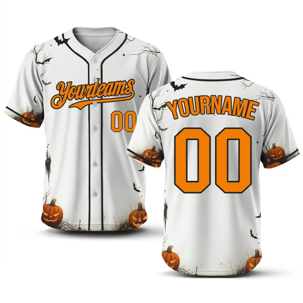 Halloween Horror Ghost Pumpkin Graphic Baseball Uniform Fashion Print Custom Number Button Shirt Men Women Cosplay Party Clothes