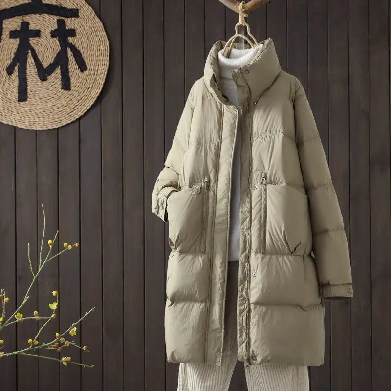 Zimowa europejska moda damska kurtka puchowa wiatroodporna ze stójką ciepła kurtka z białego puchu kaczego