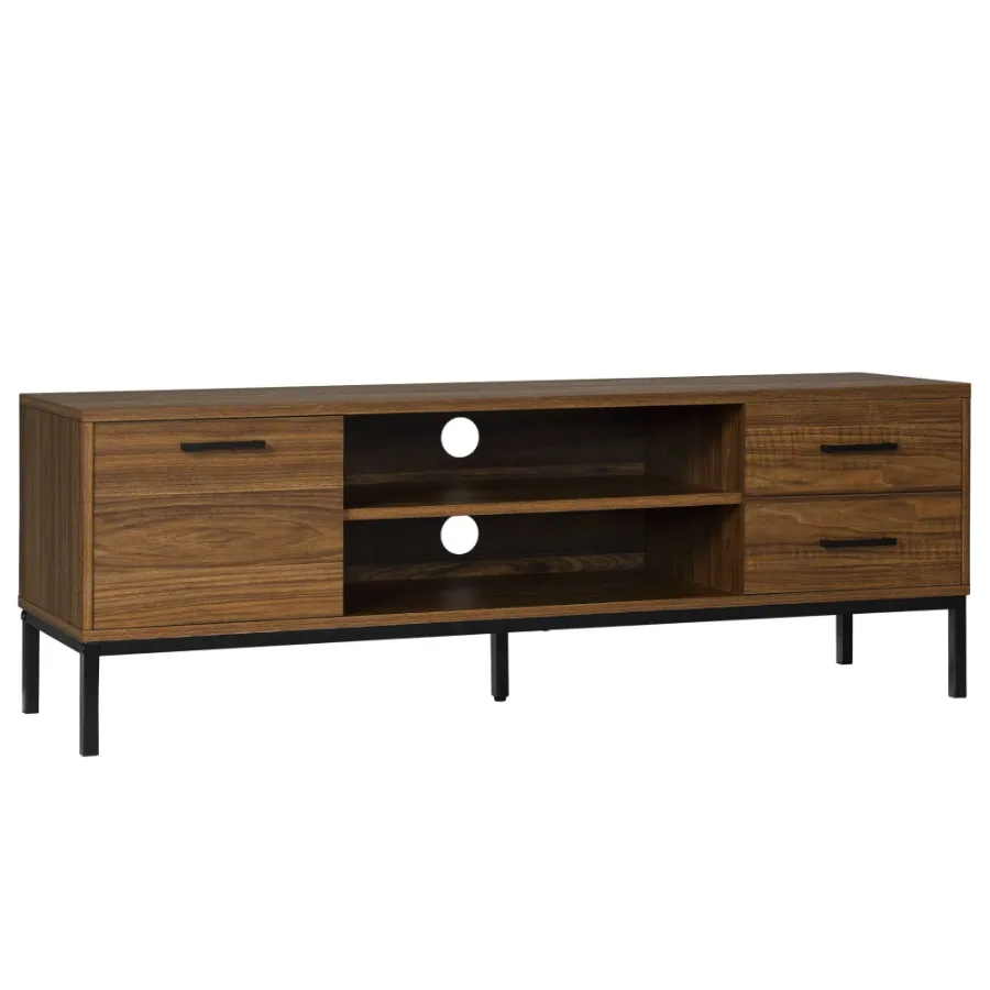 TV Stand for TV up to 50 Inches, TV Cabinet with Door, Open Storage and Drawers, TV Table with Steel Legs, Dark Walunt