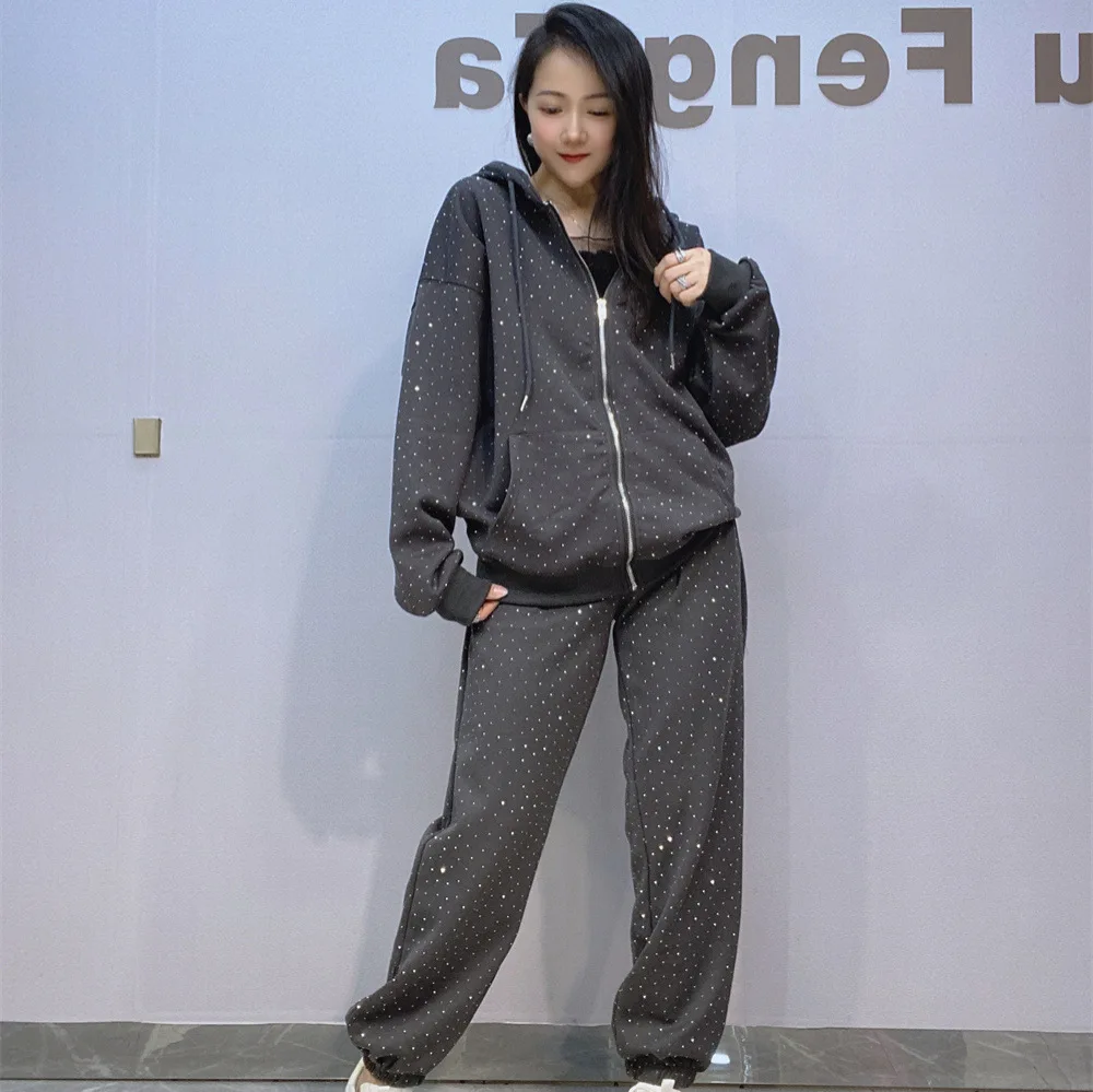 

Женская весенняя куртка с капюшоном и бриллиантами, расшитая бисером, спортивная толстовка с кристаллами на молнии, кардиган, пальто + брюки для сверления, комплект из 2 предметов