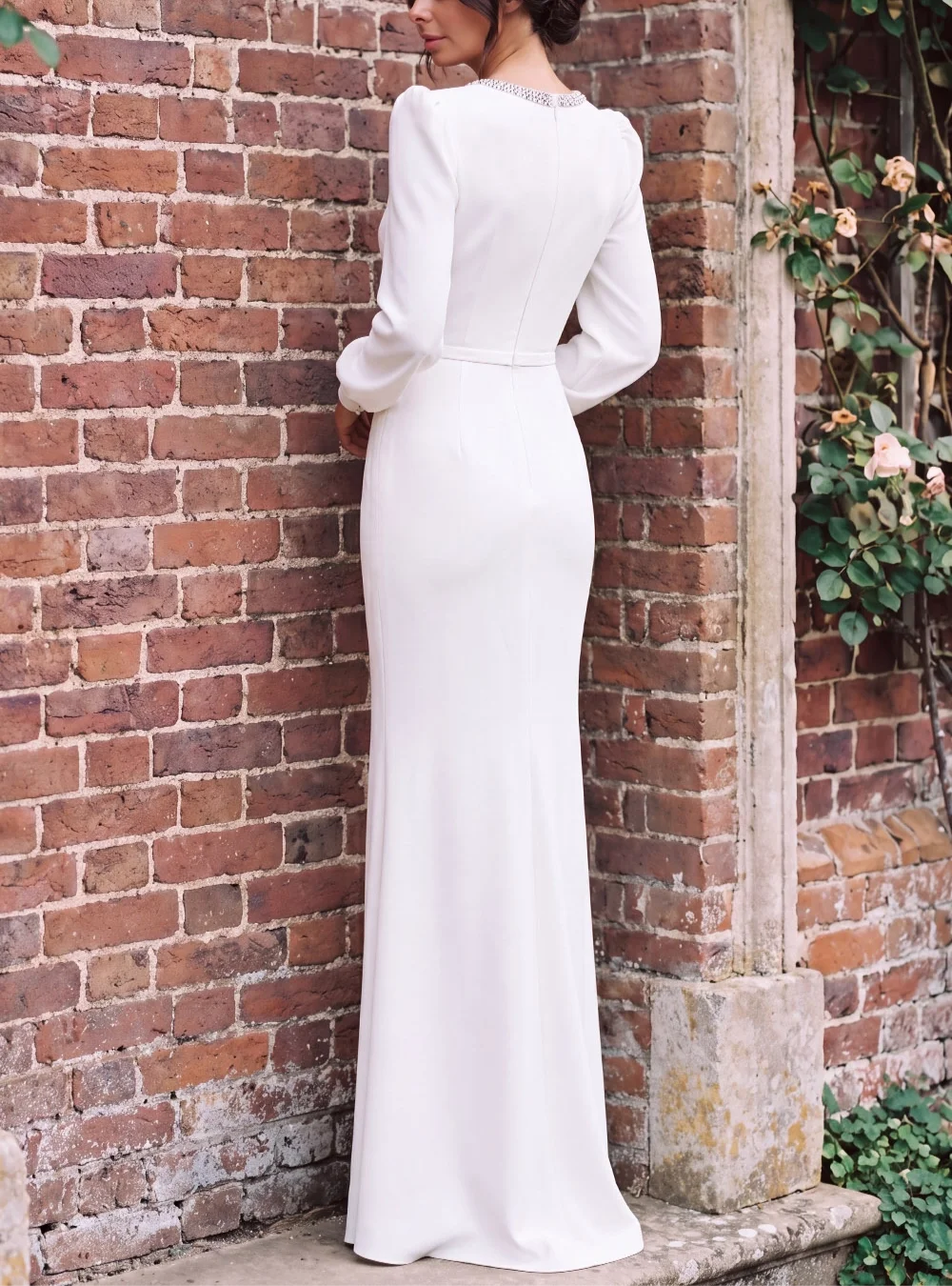 Vestido elegante de mujer con cuello en V, largo hasta el suelo, color blanco, con cuentas y mangas largas, ideal para una boda, vestido estilo Kate Middleton.
