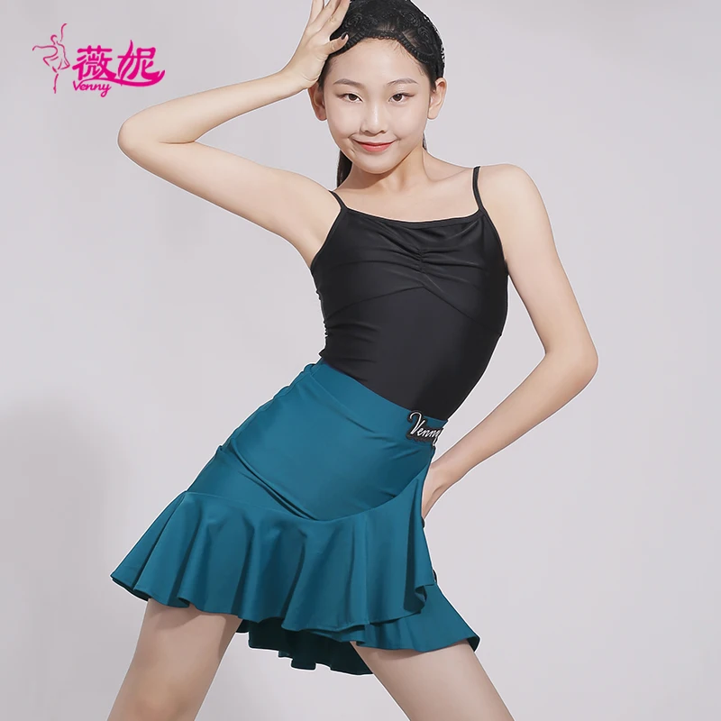 Venny vestido de dança latina para meninas, conjunto de duas peças com alça espaguete e saia com babados para treinamento e performance de dança