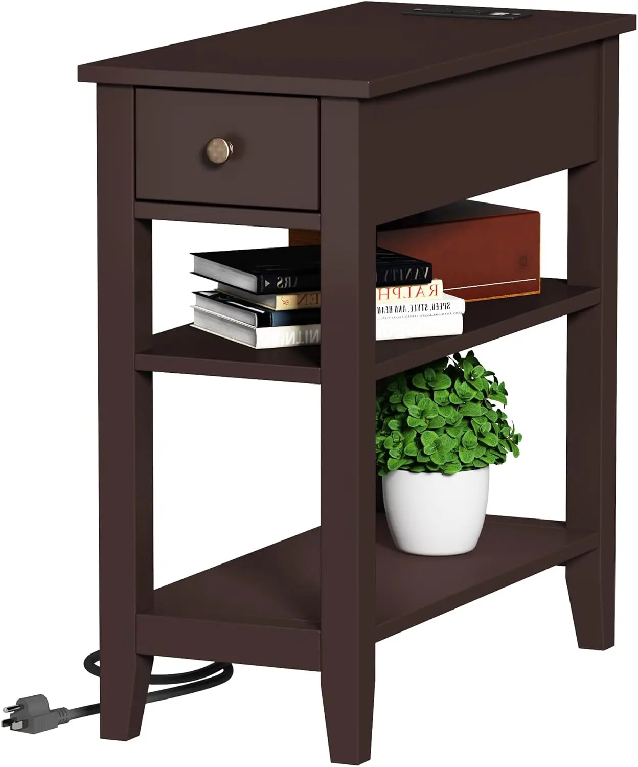 

Narrow End Table with Charging Station, Side Table Living Room with USB Ports & Power Outlets and Hidden Drawer, 3-Tier Skinn
