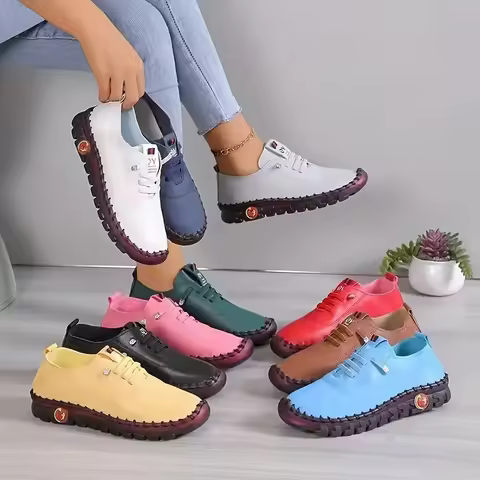 Zapatillas de deporte para mujer, mocasines con cordones de cuero, planos, informales, cómodos, para mamá, primavera 2023