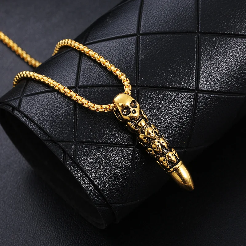 Men's Bullet Skull Necklace Pendant with Chain 2023 Punk Style Fashion Stainless Steel Jewelry Accessory