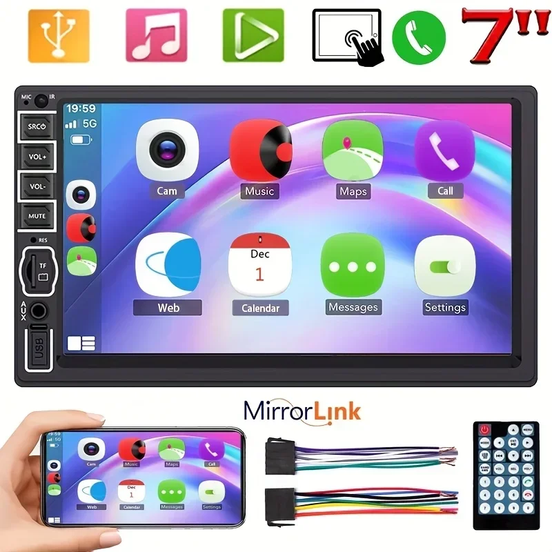 

Bileeko Double Din Car Radio MP5 Player - Touch Screen, MirrorLink, USB/TF/FM/AUX Input - Universal Stereo System