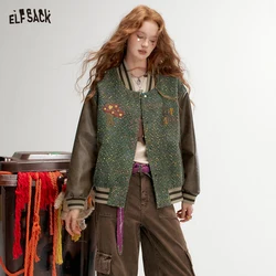 ELFSACK 2024 Autumn New Arrivals Color Block Polka Dot Baseball Jacket for Women PU Spliced Casual Outerwear