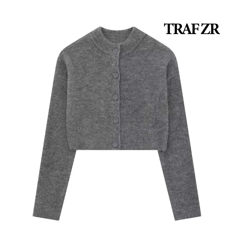 TRAF ZR Cropped Cardigan Swetry z długim rękawem Y2k Vintage Top Damski sweter jesienny Minimalistyczna dzianina Solidne przytulne swetry