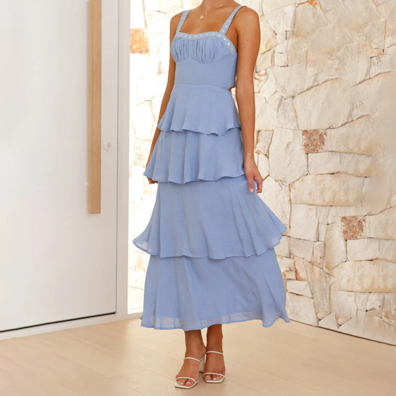 Robe longue à plusieurs niveaux pour femmes, imprimé Floral, sans manches, camisole, à nouer dans le dos, à volants, pour la plage, décontractée, 2025