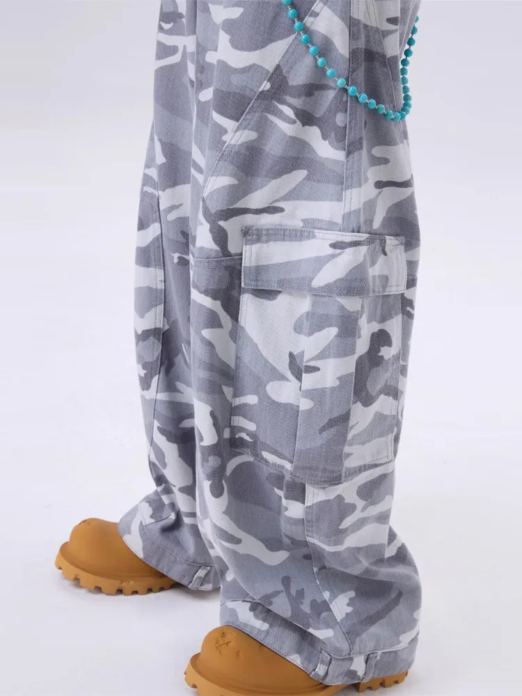 American Style Retro Camouflage Color Mens Jeans Pockets Loose Fit Daily Casual Denim Trousers Full Length Mid Waist Cargo Pants