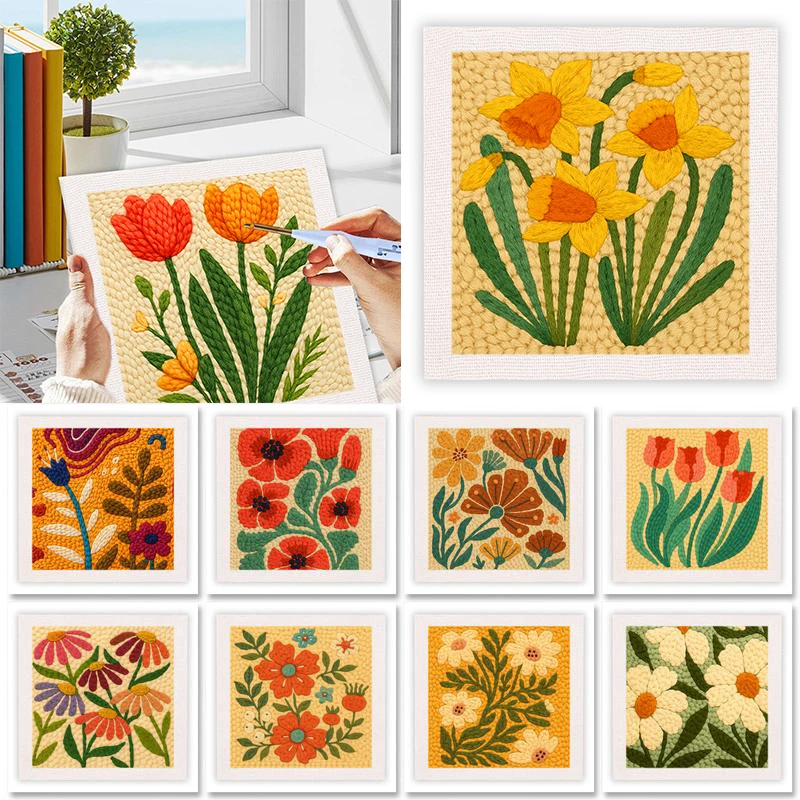 

25x25cm Punch Needle Embroidery Starter Kits Flower Pattern for Adults Beginners Punch Needle Kits Easy Handicraft Decor Gift ﻿